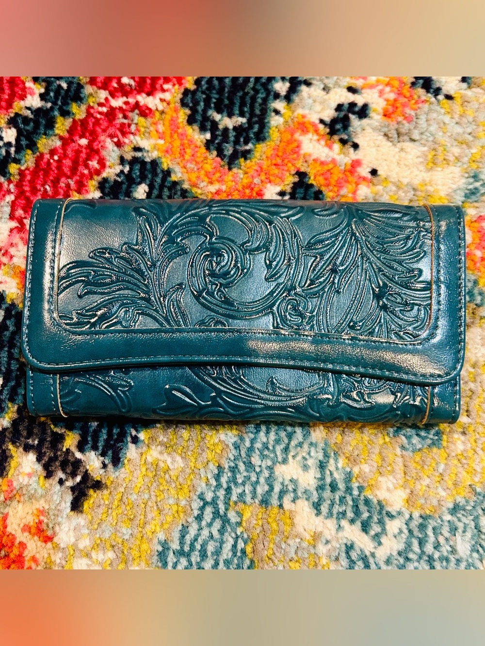 Embroidered Teal Leather Women’s Clutch Wallet